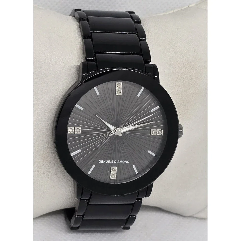 Men's Classic Round Genuine Diamond Round Black Dial Case Link Bracelet Watch 13 - Picture 3 of 6